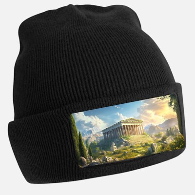 Black Beanie Hat with Cool Temple Motif - Unisex Cap, Cotton