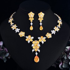 Top Yellow CZ Silver Plated Flower Women Wedding Necklace Earrings Jewelry Set