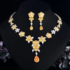 Top Yellow CZ Silver Plated Flower Women Wedding Necklace Earrings Jewelry Set