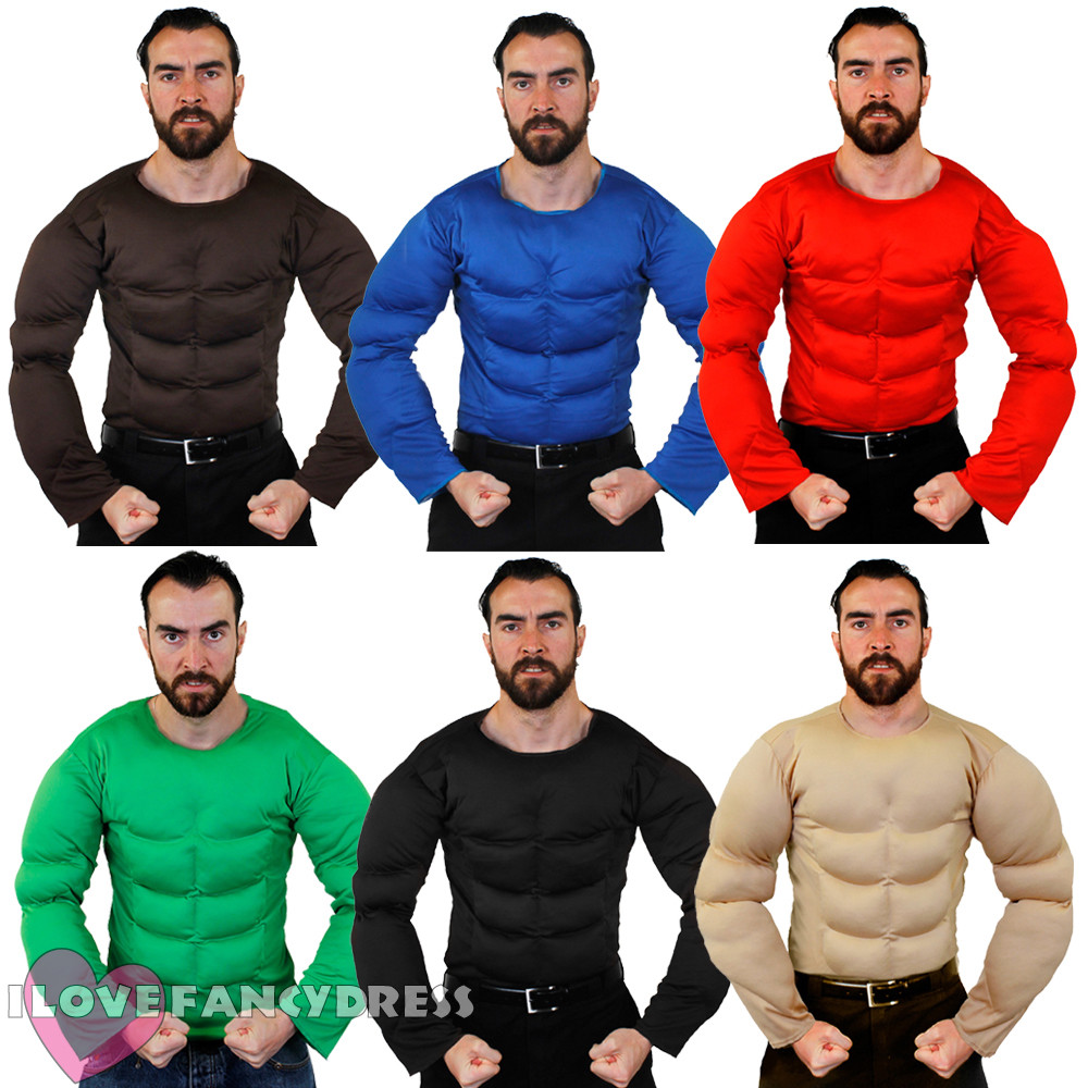 MENS PADDED MUSCLE CHEST TOP STRONGMAN SHIRT TV MOVIE ARMY FANCY DRESS