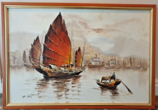 M.C. Yiu Oil Painting, Chinese Junk Boats in Harbor, Signed #ListingsInLights
