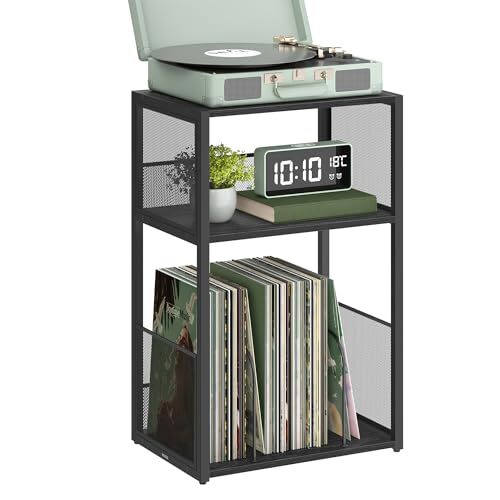 3-Tier Ebony Black Vinyl Record Player Stand with Storage Side Table-image