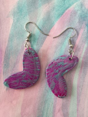 Handcrafted Artsy Earrings, Unique Shape,Pinks& Aqua Colors Resin coated Polymer