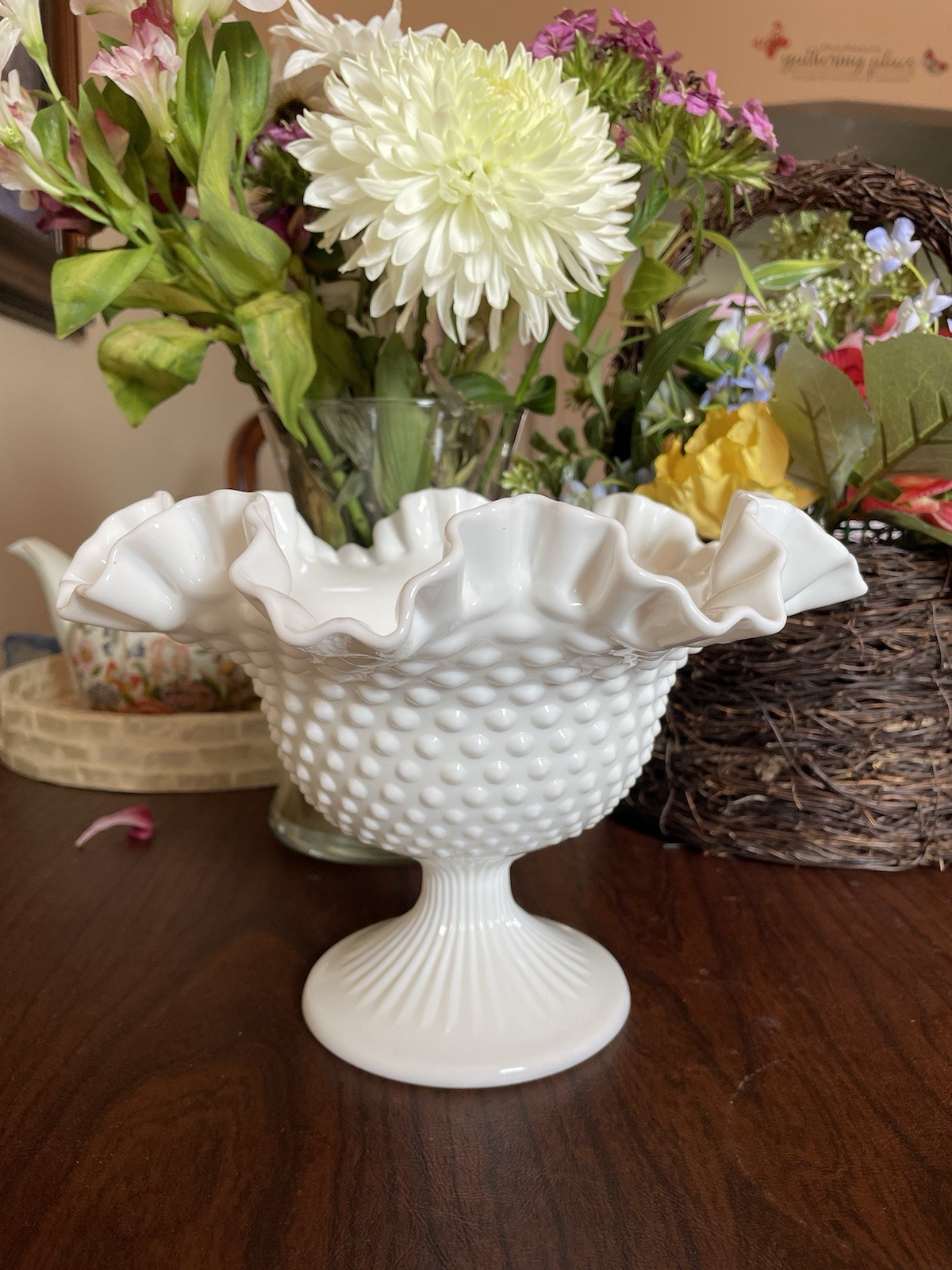 Vintage Fenton Milk Glass Hobnail Footed Fruit Bowl Farmhouse Decor