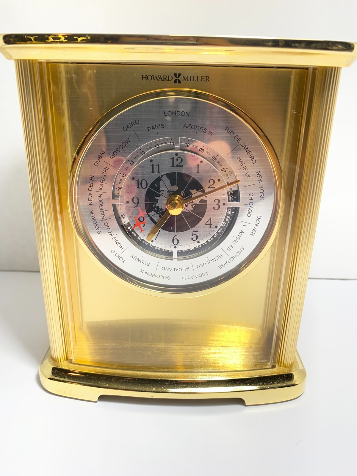 Howard Miller 645-572 World Time Quartz Desk Clock Brass Tone Travel EUC