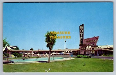 C.1960 MODESTO, CA SAHARA MOTEL SWIMMING POOL REFRIGERATED AIR SIGN Postcard Q14