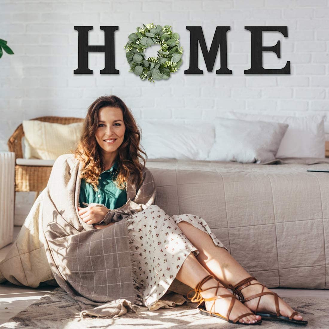 Wood Home Sign with Artificial Eucalyptus Wreath for O, Hanging Farmhouse Wal...