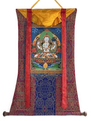 HAND-PAINTED AVALOKITESHVARA CHENREZIG  TIBETAN THANGKA WITH KHADI SILK BROCADE