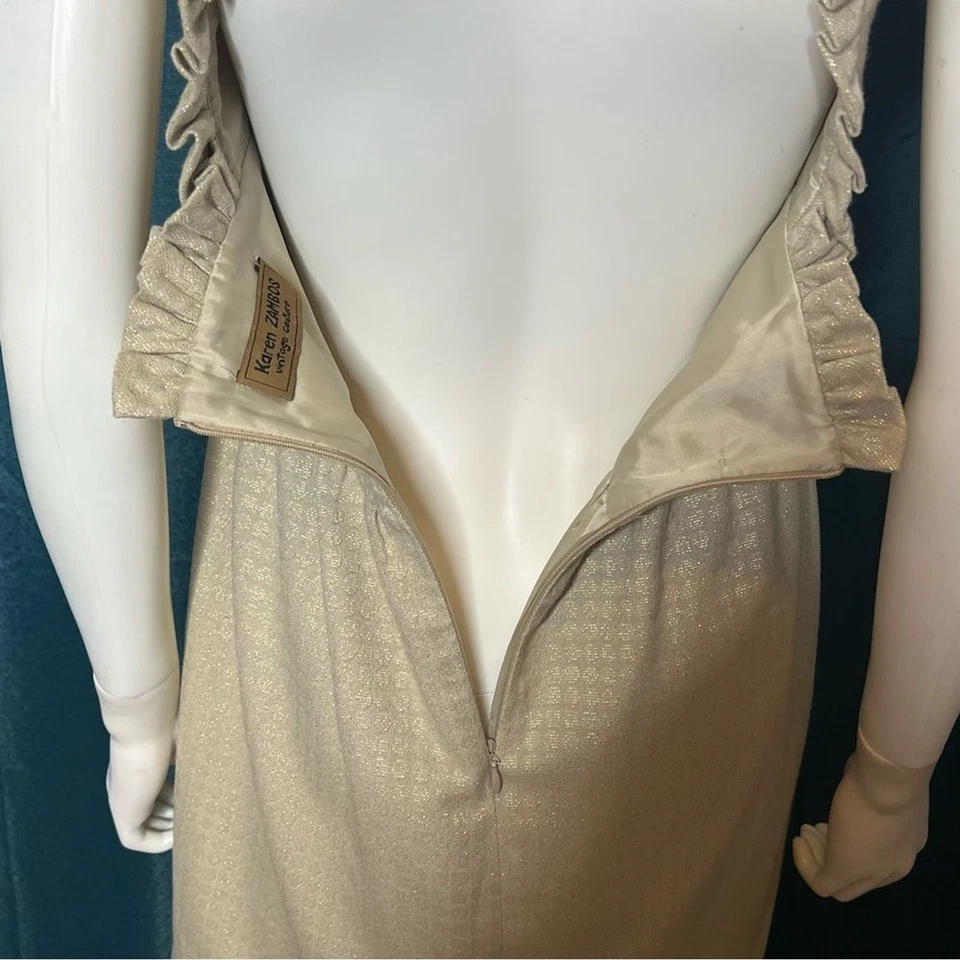 Vestido Karen Zambos Vintage Alta Costura Sin Mangas Volantes Dorado Talla 8 Foto 4 de 4
