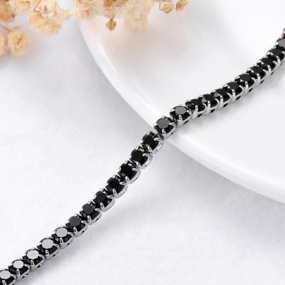 14k Rose Gold Plated Round Black Onyx Tennis Bracelet 925 Silver Jewelry