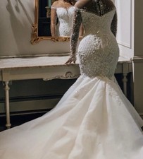 White Mermaid Wedding Dress Sweetheart Neck Lace Beaded Long Sleeves Train