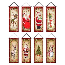 Christmas Banner 4 Pieces Holiday Porch Sign Santa Snowman Elk Front Door Banner