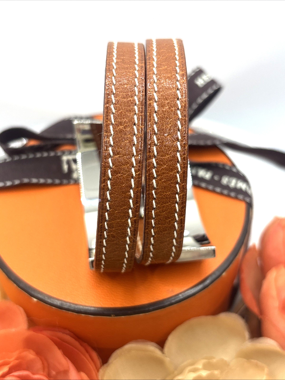 HERMES Pousse Pousse Silver Logo Double Wrap Bracelet Tan Brown Leather RARE image 9
