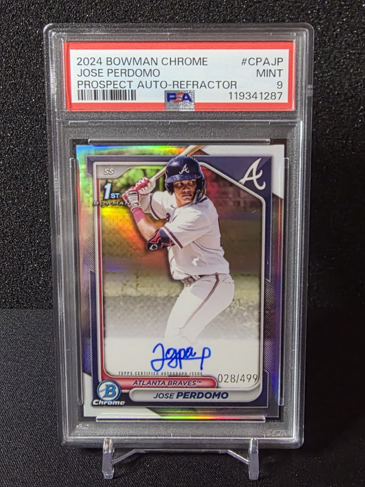 2024 Bowman Chrome 1st JOSE PERDOMO Prospect Refractor Auto /499 - Braves PSA 9