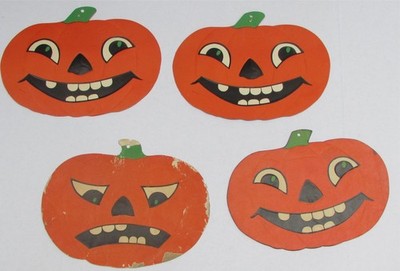 4 Vintage Halloween Diecut Pumpkin Jack O'Lantern JOL 12'' x 9.25'' Beistle Frown 