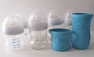 Philips Avent 4) Glass 2) Plastic Baby Bottles 4oz w/ Silicone Sleeves Level 1 2