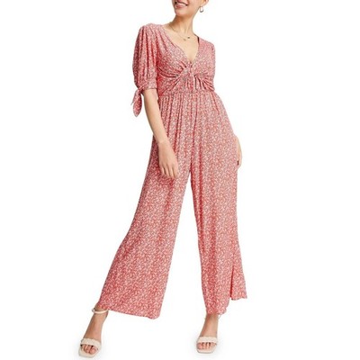 ASOS Women Red Floral Viscose Boho Front Twist Wide Leg Jumpsuit Size US 4