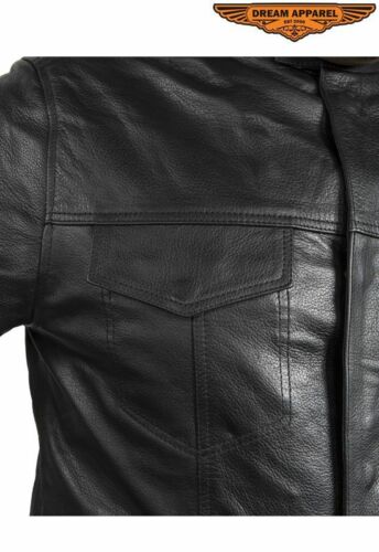 Men's Motorcycle Light Weight Short Sleeve Leather Shirt with Multiple Pockets - Picture 3 of 12