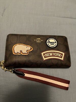 Coach Long Zip Around Wallet In Signature Canvas With Ski Patches