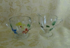 Vintage Hand Painted Floral Glass Sugar Bowl and Creamer Set 