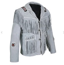 Mens Western Wear Suede Leather Cowboy Fringe Shirt Style American Grey Jacket