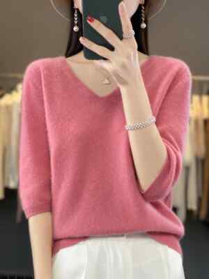 Short Sleeve Women Sweater Pullover Basic Tops V-Neck Jumper Knitwear Clothing