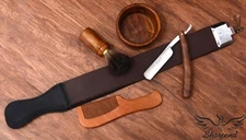 MEN'S WOODEN WET CUT THROAT STRAIGHT RAZOR SHAVING SET KIT IN GIFT BOX 4 PC