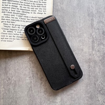 Simple Lychee Pattern Solid Color Wristband Phone Case For iPhone 14ProMax 13 12