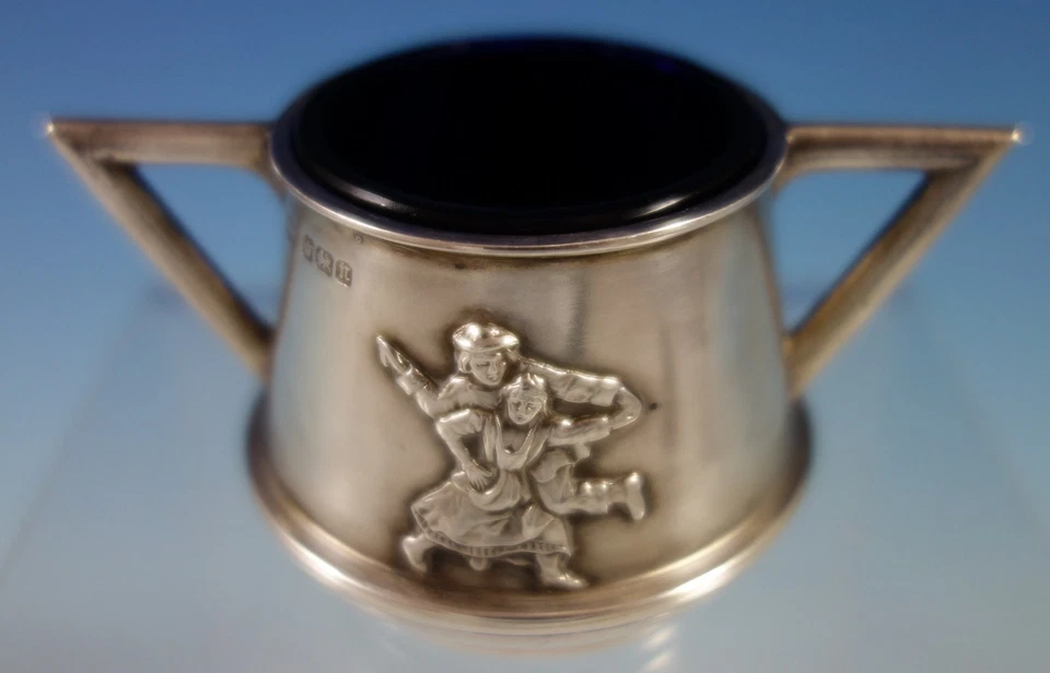 Juego de condimentos de plata esterilizada inglesa Mappin & Webb 3 piezas figuras aplicadas (#2768) Foto 3 de 4