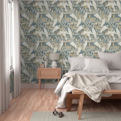 Spoonflower Wallpaper Watching cranes muted blue 27 Ft  Length 2 Ft Wide