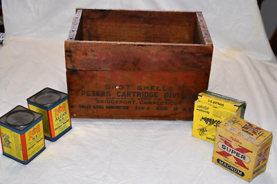 Vintage PETERS VICTOR Wooden AMMO Box ALCAN Powder Tins BLUE ROCK