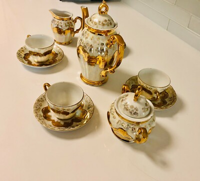 STERLING CHINA TEA SET OPALESCENT GOLD COLORED ACCENTS