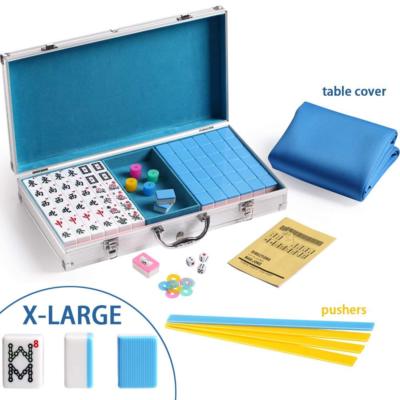 144 Blue Tiles Chinese Mahjong Silver Aluminum Case with Pushers and Cover Set