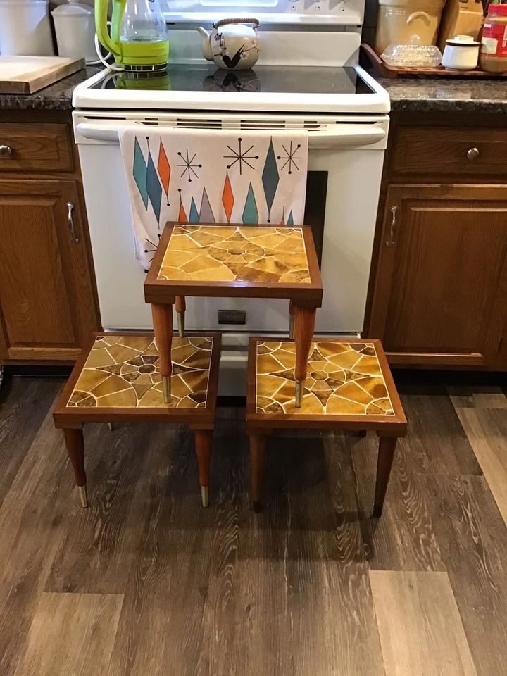 FABULOUS Mid Century Modern Mosaic Tile Teak Wood NESTING TABLES Tapered Leg SET - Image 4 of 4
