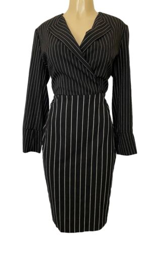 Max Mara Dress Long Sleeve Sheath Pinstripe Black Wool Knee Length Lined 14 L