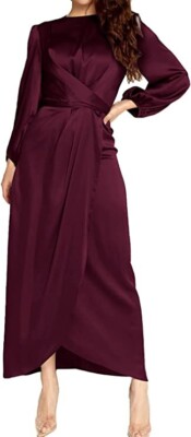 PINUPART Women's Elegant Empire Waist Long Sleeve Satin Maxi Dress Size L |  eBay