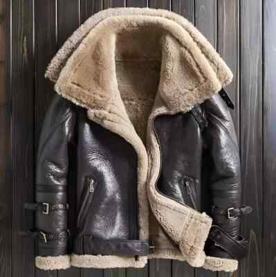 B3 Bomber Aviator RAF Real Sheep Skin Pilot Flying Double Collar Leather Jacket