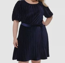 DKNY Women's Blue Bubble-Sleeve Tie-Waist Pleated Dress Plus Size 20W