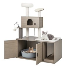 2 x 1 Modern Cat Tree Tower w/ Litter Box Enclosure Indoor Cat, Scratching Board