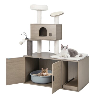 x Modern Cat Tree Tower w/ Litter Box Enclosure Indoor Cat