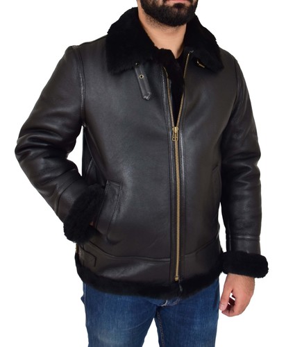 Mens Genuine Black Sheepskin Jacket Flying Aviator B3 Bomber Shearling Coat NEW - Picture 11 of 12