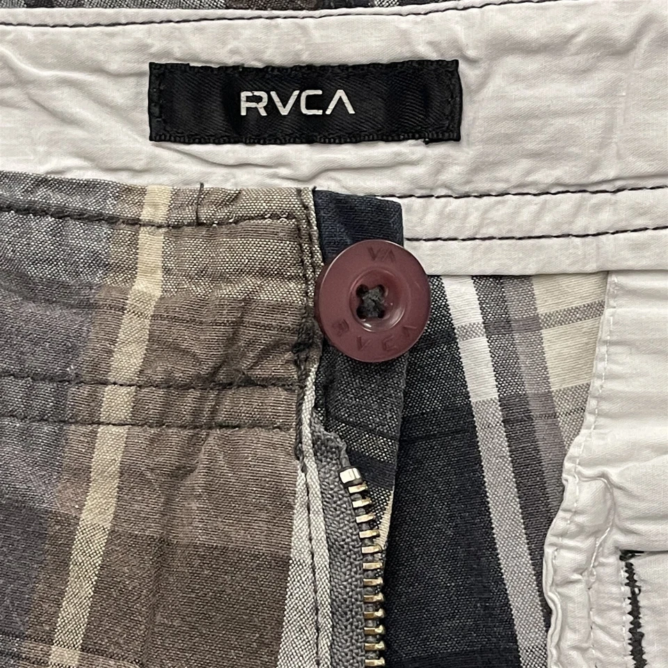 Pantalones Cortos de Carga RVCA 32 x 12" Algodón a Cuadros Oscuros Pato Solapa Bolsillo Foto 4 de 4