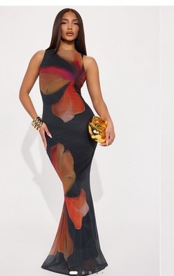 Fashion Nova Black Dress with Red and Orange Floral Print | eBay