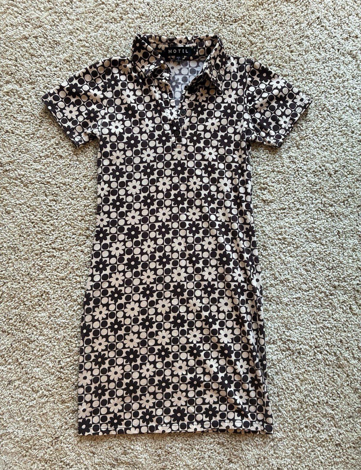 Motel Size S Brown/Beige Floral Mini Shirt Dress Collared Button Front Y2K 2000s