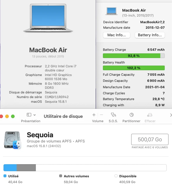 Apple MacBook Air 13" 2015 · i7 · 8GB · 512GB, photo 2 sur 5