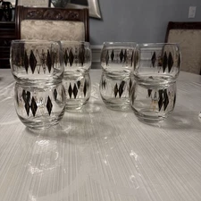 VTG Mid-Century Modern Black & Gold Diamond Pattern Lowball Glasses Set of 8 