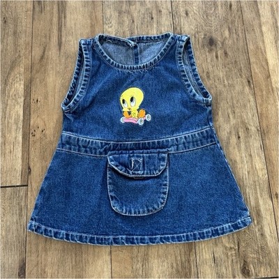 1990s Looney Tunes Tweety Denim Overall Dress Girls Sleeveless Knee Length 