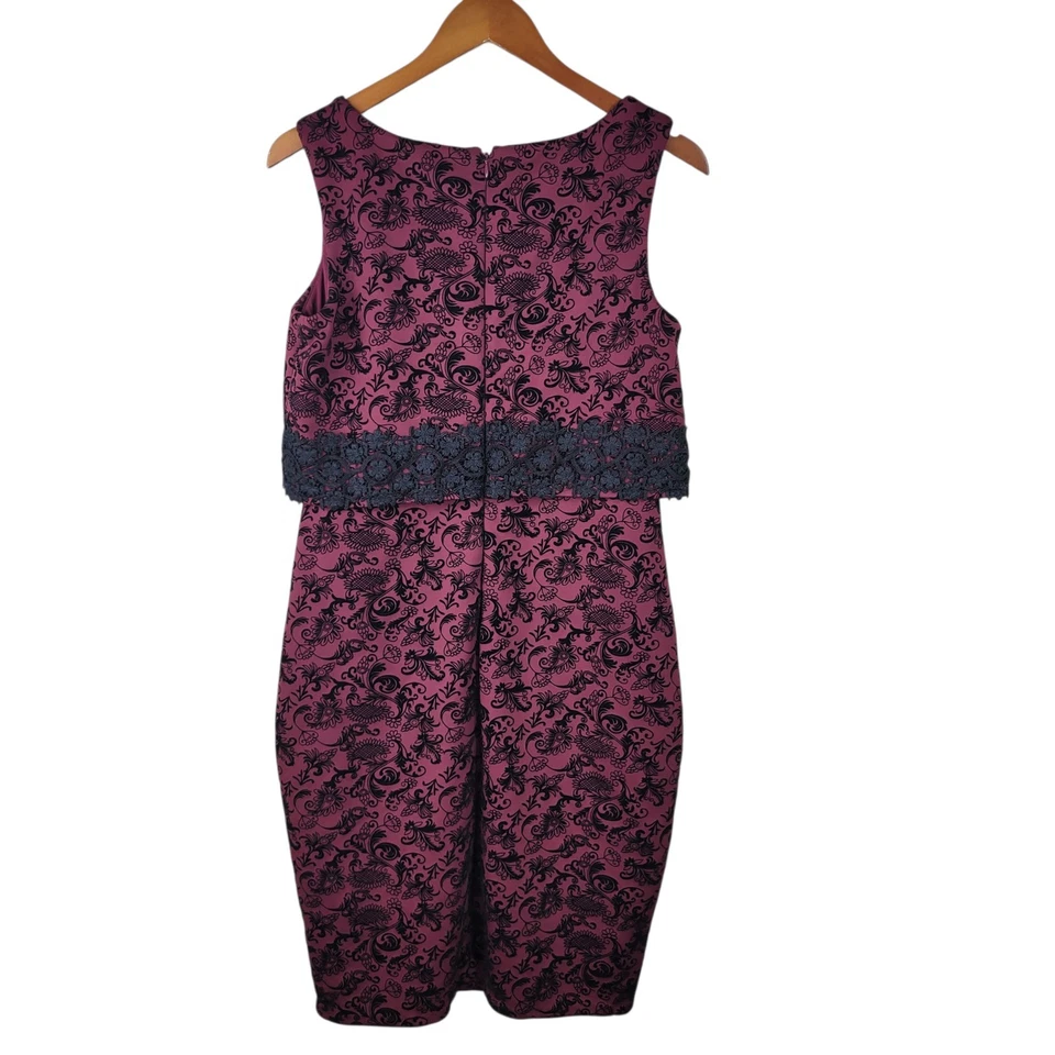 Jax Velvet Jaquard Dress Size 10 Black Knee Length Burgundy Wine Red Lace Party - Image 4 of 4