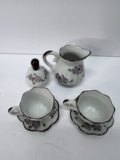 Fine Porcelain Miniature Tea Set 6 Piece Purple Floral Gold Lavender Mini Doll