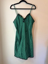 Vintage Satin Slip Lingerie Dress Nighty Green Lace Trim Medium Made In USA